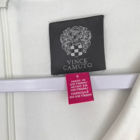 Vince Camuto Dress 8 Ivory Blue Sheath Colorblock V Neck Short Sleeve Scuba FLAW - Picture 7 of 14